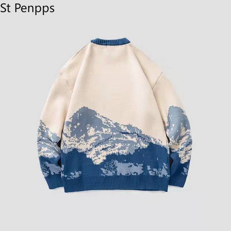 Men Hip Hop Streetwear Harajuku Sweater Vintage Japanese Style Snow Mountain Knitted Sweater Winter Casual Pullover 